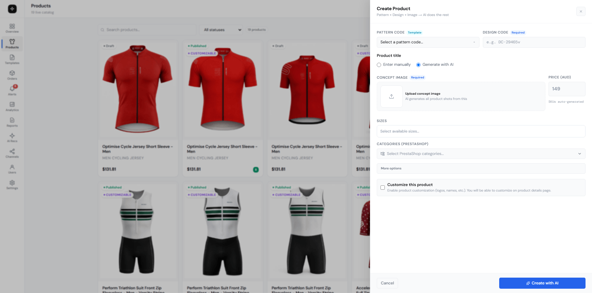 TricoreOps create product panel with pattern code, concept image upload, and AI generation