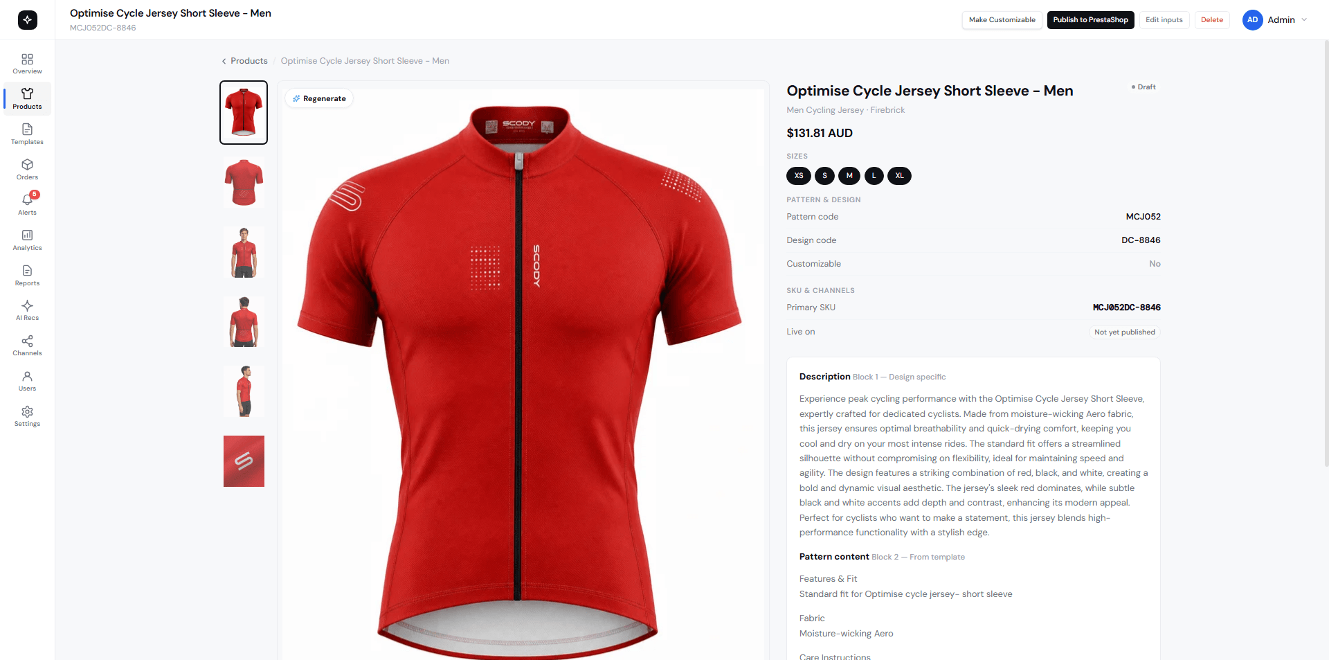 TricoreOps product detail page with regenerate image option and AI-generated description