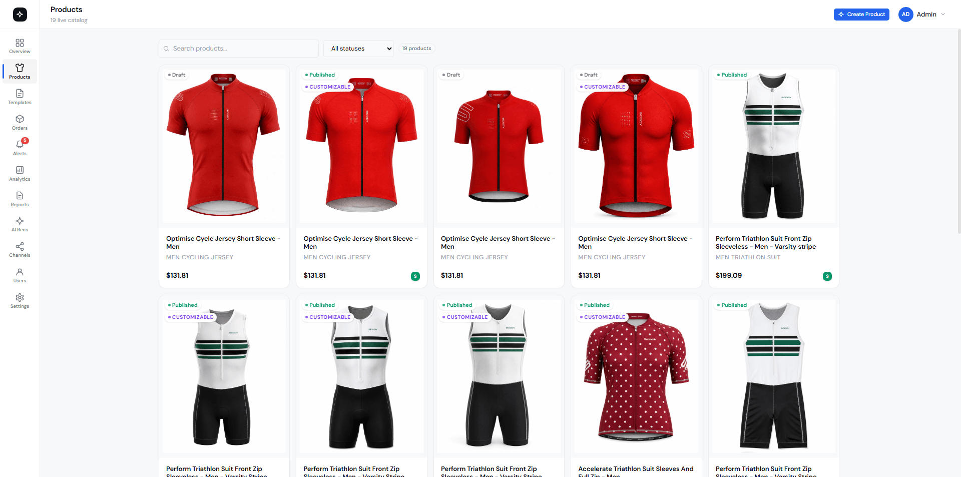 TricoreOps product catalog grid with published and customizable status badges