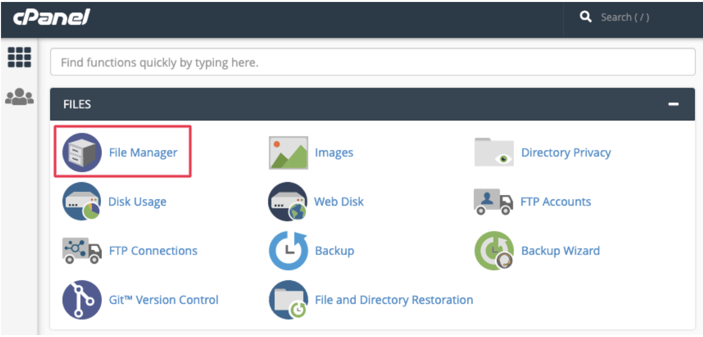 cPanel Files section layout with File Manager