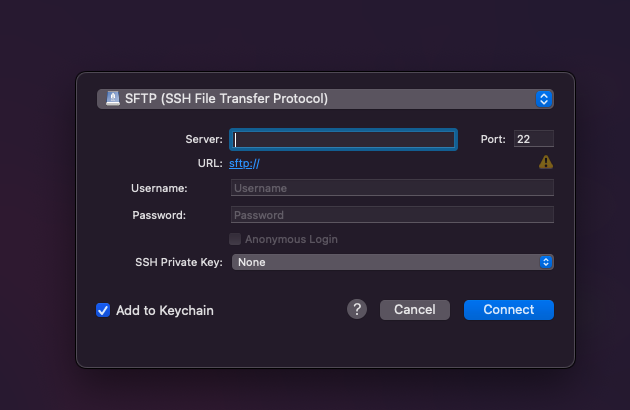 Cyberduck configuration parameters popup login panel