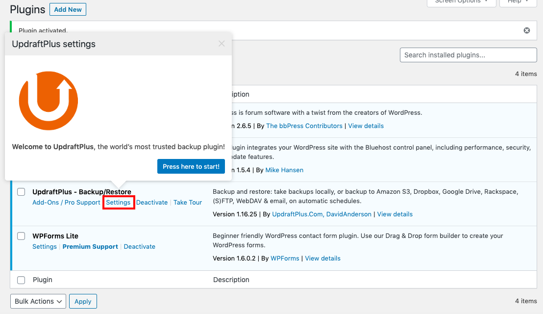 UpdraftPlus backup control settings option