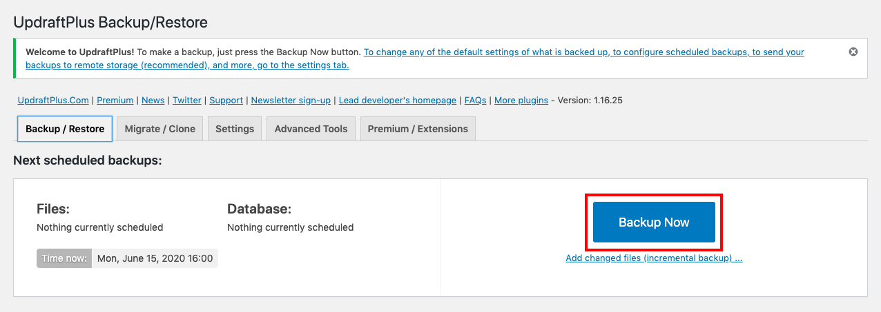 UpdraftPlus Backup Now active control button
