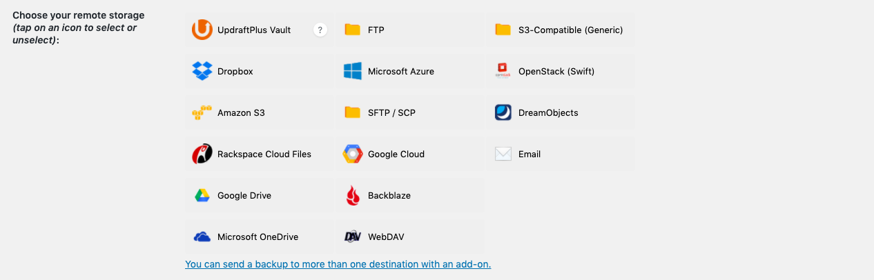 Selecting remote storage provider options in UpdraftPlus