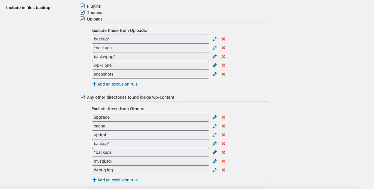 File selection checkboxes for content backup