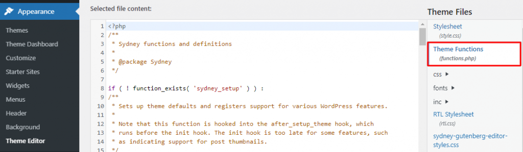 Accessing Theme Functions functions.php inside file editor